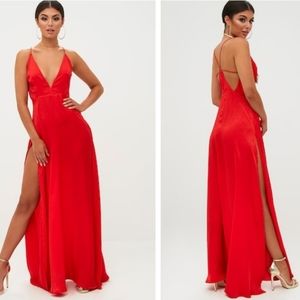 Red Extreme Split Strappy Back Maxi Dress